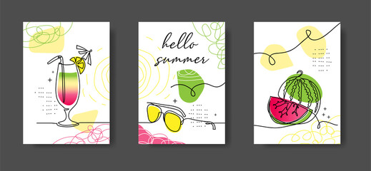 Hello summer poster, illustrations set for cafe or kitchen. Watermelon, cocktail, drink, sunglasses in minimal one continuous line design. Wall line art decoration