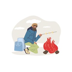 Vector flat cartoon character in autumn season burning bonfire on hike - fashion,emotions,healthy lifestyle social concept