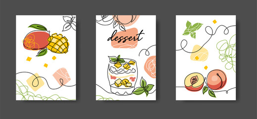 Fruits dessert minimal one line poster. Wall lineart decoration. Set of vector illustrations of mango and peach, one continuous line art for kitchen or cafe