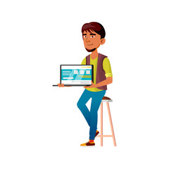 boy teenager showing web site on laptop screen cartoon vector. boy teenager showing web site on laptop screen character. isolated flat cartoon illustration