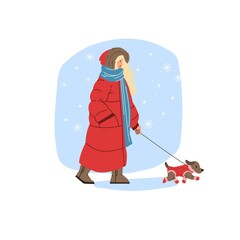 Vector flat cartoon character walking outdoor in snow at winter season with dog pet - fashion,emotions,healthy lifestyle social concept