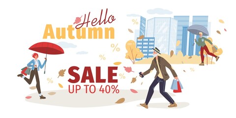 Vector flat cartoon characters at autumn sale,walking and run for shopping discounts - online web season sales,social media,fashion,emotions,lifestyle concept