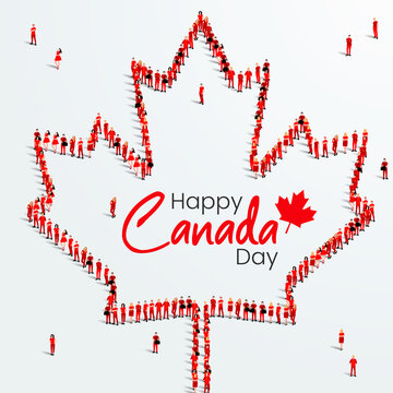 Happy Canada Day Greeting Card Design. A large group of people forms to create maple leaf. 1st of July celebration background. Vector Illustration.