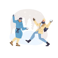 Vector flat cartoon characters in winter season outdoor playing snowballs - fashion,emotions,healthy lifestyle social concept