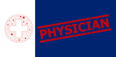 Mesh medical aid polygonal 2d vector illustration, and red PHYSICIAN corroded stamp print. Model is created from medical aid flat icon, with stars and polygonal mesh.