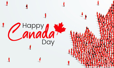 Happy Canada Day Greeting Card Design. A large group of people forms to create maple leaf. 1st of July celebration background. Vector Illustration.