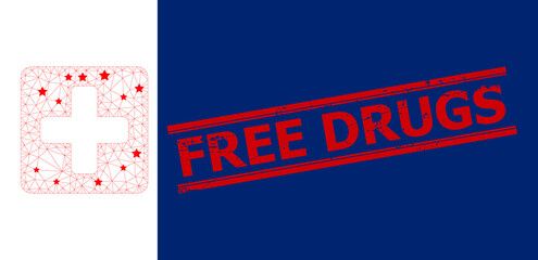 Mesh medical box polygonal icon vector illustration, and red FREE DRUGS rough watermark. Carcass model is created from medical box flat icon, with stars and polygonal net.
