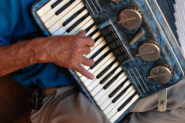 Musical instrument, accordion. Horizontal. Seen up close.