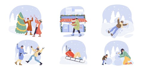 Fototapeta na wymiar Set of flat cartoon family characters doing winter outdoor activities - sporting,shopping,carry gifts in snow weather - merry christmas,happy New Year holiday celebration concept
