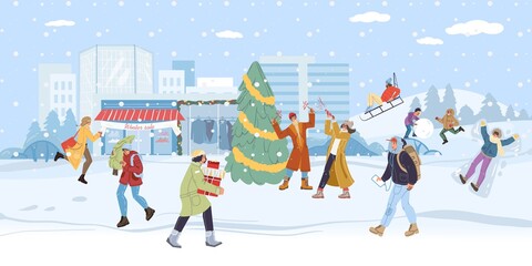 Flat cartoon family characters doing winter outdoor activities - sporting,shopping,carry xmas tree and gifts in snow weather - merry christmas,happy New Year holiday celebration concept
