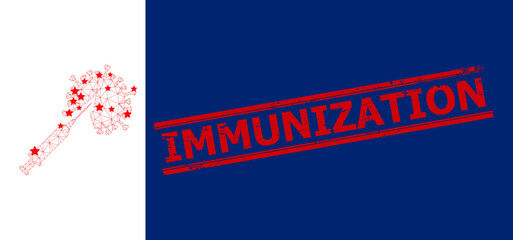 Mesh virus vaccine injection polygonal icon vector illustration, and red IMMUNIZATION textured seal. Carcass model is based on virus vaccine injection flat icon, with stars and polygonal mesh.