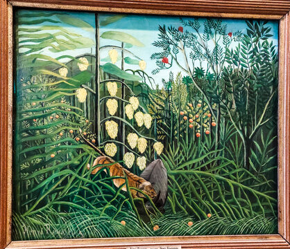Painting "In a tropical forest. Struggle between Tiger and Bull" by Henri Rousseau. The State Hermitage museum. General Staff building. Saint Petersburg, Russia.