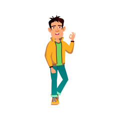 Obraz premium happiness boy student show ok gesture cartoon vector. happiness boy student show ok gesture character. isolated flat cartoon illustration
