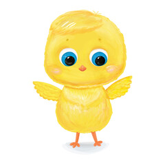 Cute Chick isolated on white background. Cartoon newborn baby bird. Greeting card with funny chicken character in a watercolour style. Vector illustration.