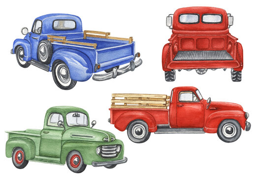 Watercolor Trucks Clipart. Retro Car Illustration. Farmhouse Transport on White Background. Red Truck Clipart. Hand Drawn Vintage Car.