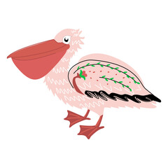 Pink pelican, with  pattern on the wings. Sea bird on a white background isolated, vector.