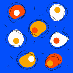 Bright funny  modern poster in cartoon style. Vintage geometric. Blue background. Colored red orange white liquid spots and circles. Shapes like scrambled eggs, omelet