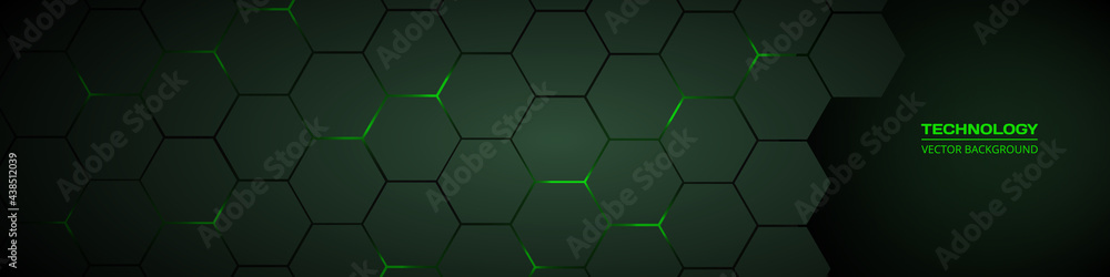 Poster Dark green horizontal hexagonal technology abstract vector background. Green bright energy flashes under hexagon in futuristic modern technology wide banner. Dark tech honeycomb texture grid.