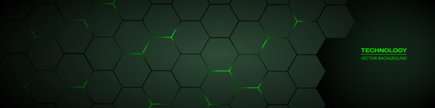 Dark green horizontal hexagonal technology abstract vector background. Green bright energy flashes under hexagon in futuristic modern technology wide banner. Dark tech honeycomb texture grid.