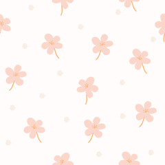 Delicate floral background. Small pink flowers and dots on a white background.