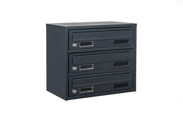 Deep blue or gray mailboxes on the white background isolated. Mail box for entrance of apartment house. Metal mailbox