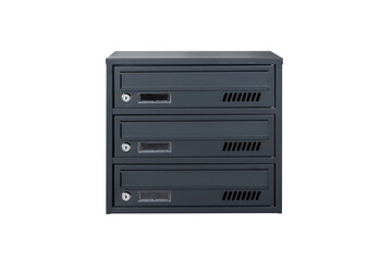 Deep blue or gray mailboxes on the white background isolated. Mail box for entrance of apartment house. Metal mailbox