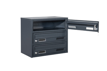 Deep blue or gray mailboxes on the white background isolated. Mail box for entrance of apartment house. Metal mailbox