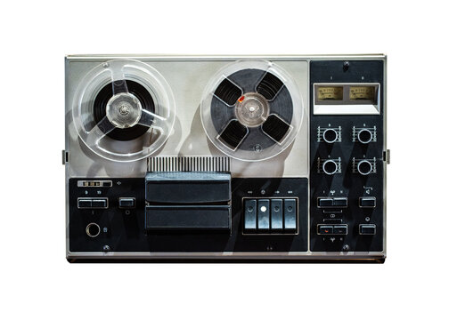 Old reel to reel tape recorder 1970s, 1980s isolated on white background. Vintage recording equipment. 