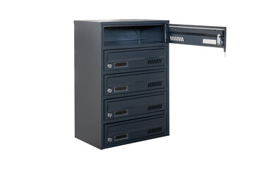 Deep blue or gray mailboxes on the white background isolated. Mail box for entrance of apartment house. Metal mailbox