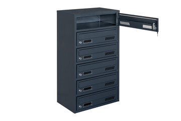 Deep blue or gray mailboxes on the white background isolated. Mail box for entrance of apartment house. Metal mailbox