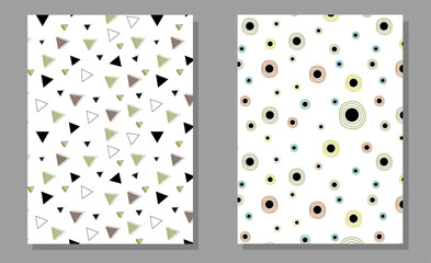 set of geometric minimalistic abstract prints with triangles and cirlces in memphis style