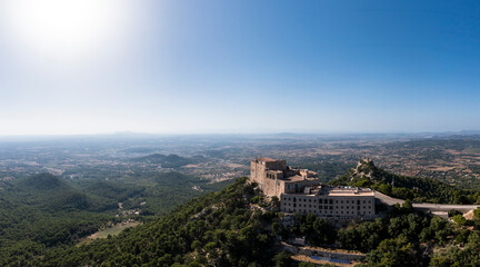 Aerial view of Santuari de Sant Salvador monastery, Puig de Sant Salvador, near Felanitx, Migjorn region, aerial view, Mallorca, Balearic Islands, Spain