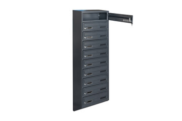 Deep blue or gray mailboxes on the white background isolated. Mail box for entrance of apartment house. Metal mailbox