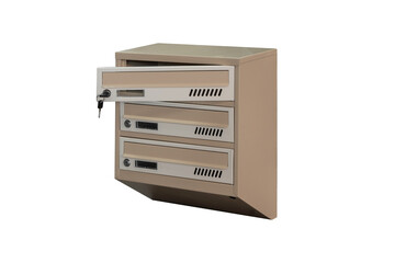 Beige ecru khaki color mailboxes on the white background isolated. Mail box for entrance of apartment house. Metal mailbox