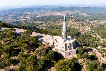 Fototapeta na wymiar Aerial view of Santuari de Sant Salvador monastery, Puig de Sant Salvador, near Felanitx, Migjorn region, aerial view, Mallorca, Balearic Islands, Spain