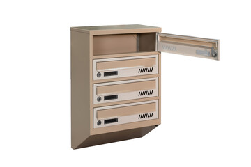 Beige ecru khaki color mailboxes on the white background isolated. Mail box for entrance of apartment house. Metal mailbox