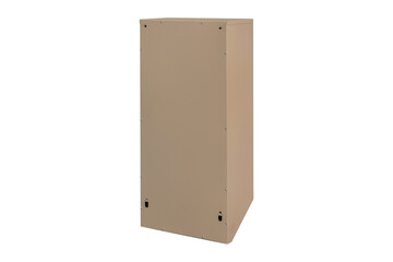 Beige ecru khaki color mailboxes on the white background isolated. Mail box for entrance of apartment house. Metal mailbox