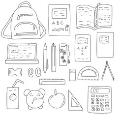 Set of school supplies in black and white doodle style.