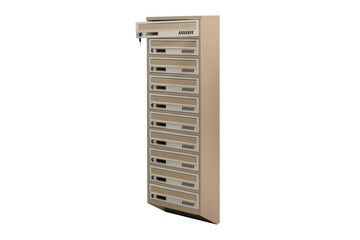 Beige ecru khaki color mailboxes on the white background isolated. Mail box for entrance of apartment house. Metal mailbox