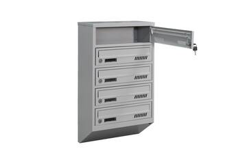 Gray mailboxes on the white background isolated. Mail box for entrance of apartment house. Metal mailbox