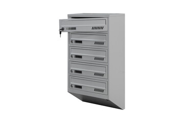Gray mailboxes on the white background isolated. Mail box for entrance of apartment house. Metal mailbox