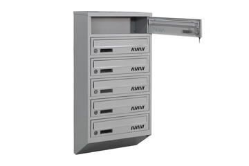 Gray mailboxes on the white background isolated. Mail box for entrance of apartment house. Metal mailbox