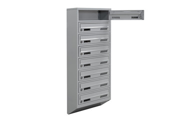 Gray mailboxes on the white background isolated. Mail box for entrance of apartment house. Metal mailbox