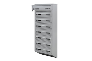 Gray mailboxes on the white background isolated. Mail box for entrance of apartment house. Metal mailbox