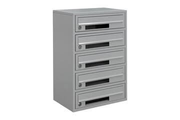 Gray mailboxes on the white background isolated. Mail box for entrance of apartment house. Metal mailbox