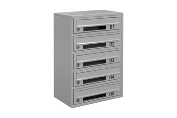 Gray mailboxes on the white background isolated. Mail box for entrance of apartment house. Metal mailbox