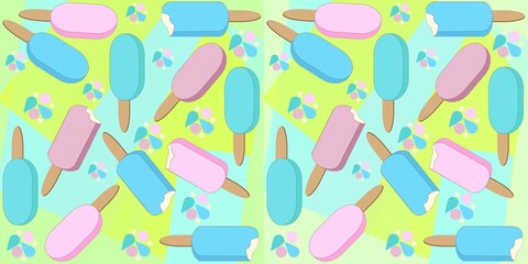 Pattern of ice cream on a stick of different colors on a colored geometric background for packaging and decoration of the holiday of the international ice cream day