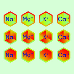 Set of ion and electrolyte modern icons - Calcium, Sodium, Magnesium, Potassium symbols for Mineral product, diatary supplement, mineralized water, health care and education