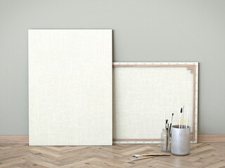 Mock up blank art canvas on wooden floor 3D