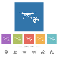 Drone controlling flat white icons in square backgrounds
